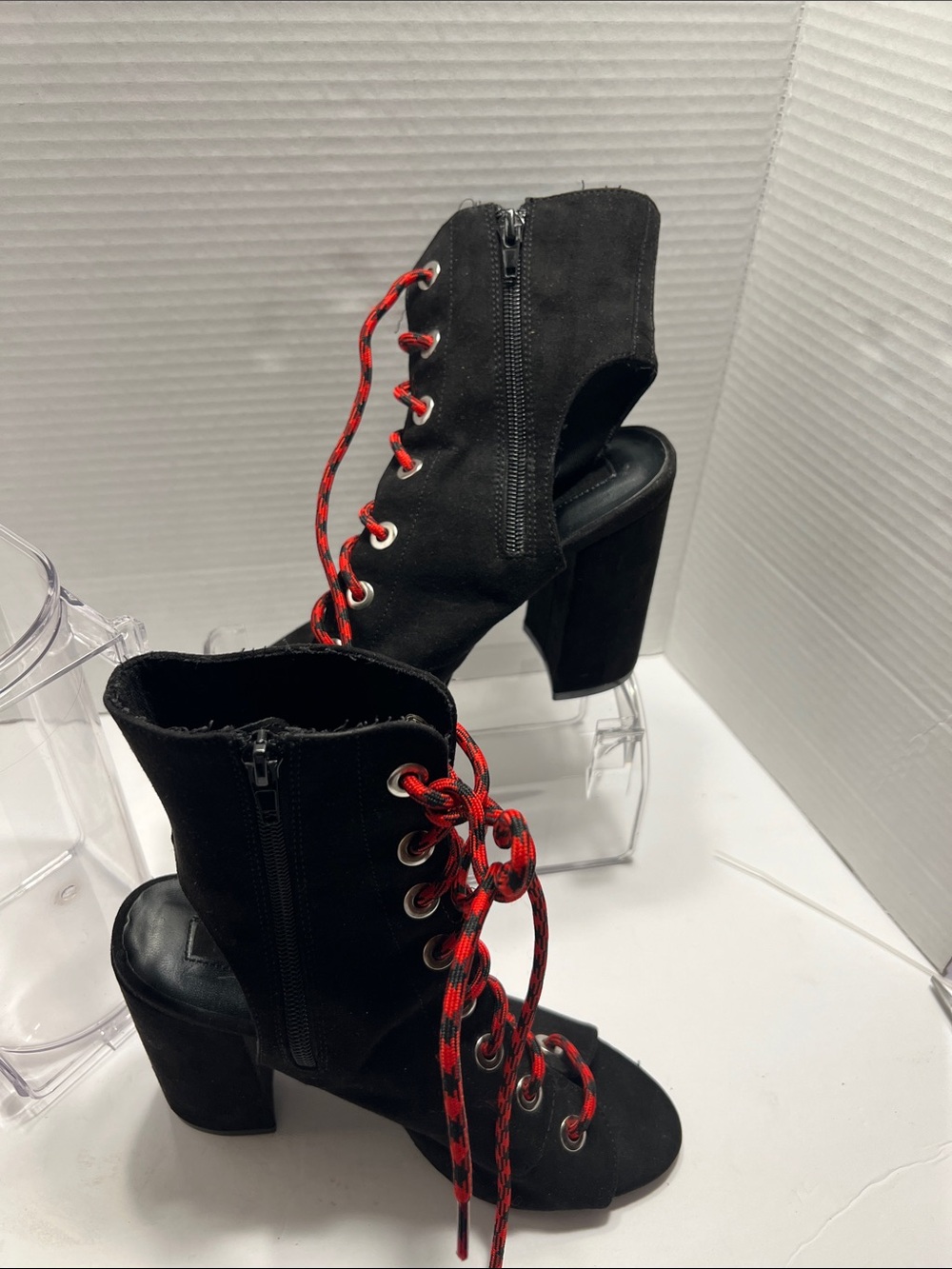 Forever 21 Black Peep Toe Lace-Up Ankle Boots with Red Laces - Picture 6 of 7